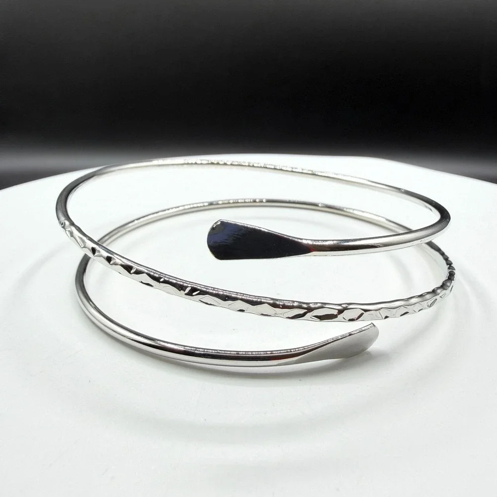 Silver Tone Triple Wrap Cuff Bracelet Hammered Textured Open Bypass Statement